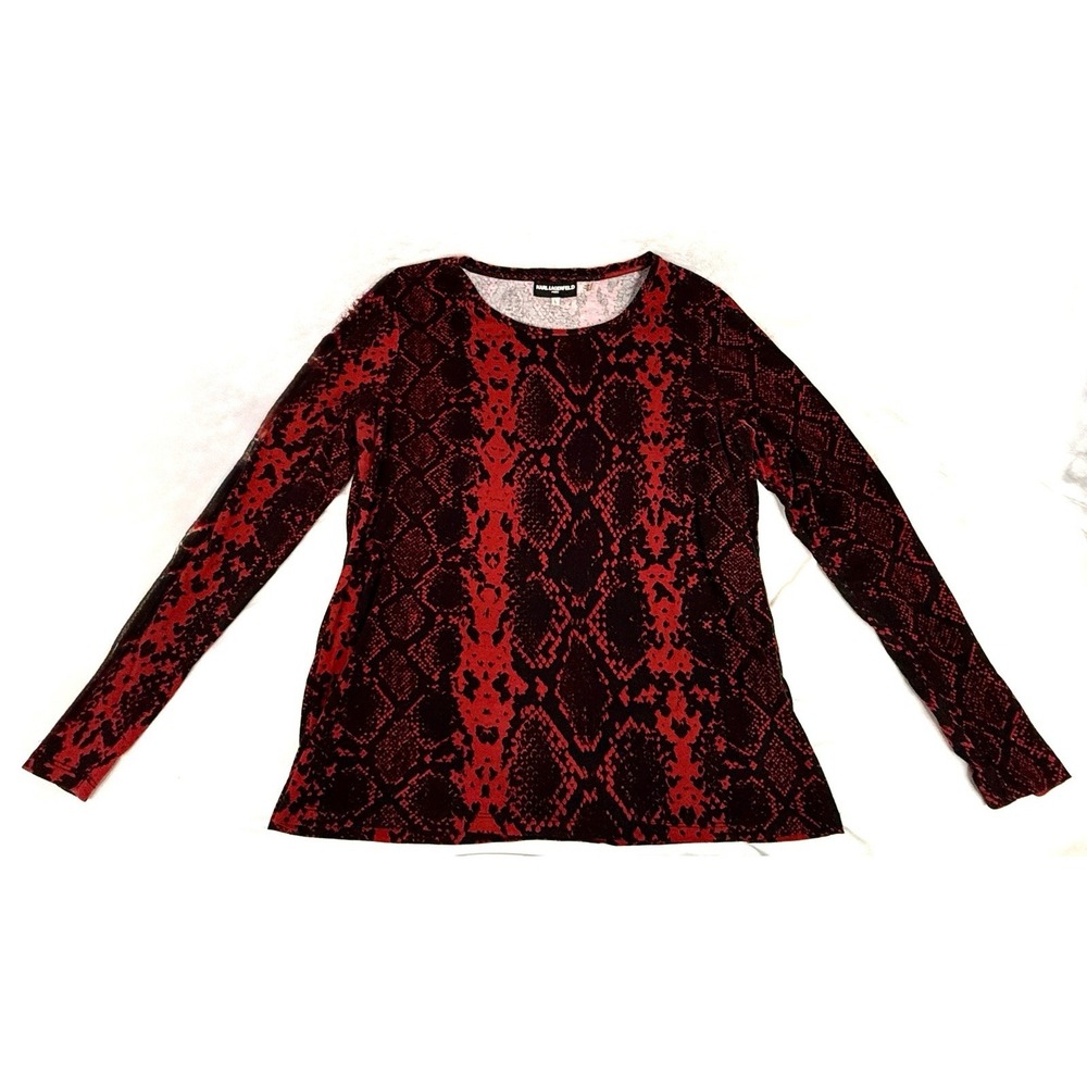 Karl Lagerfeld Paris Snake Print Top L‎ Red Black Stretch Knit Chic